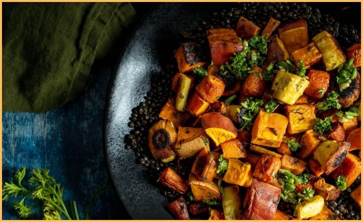 Roasted Root Veggies & Greens over Spiced Lentils